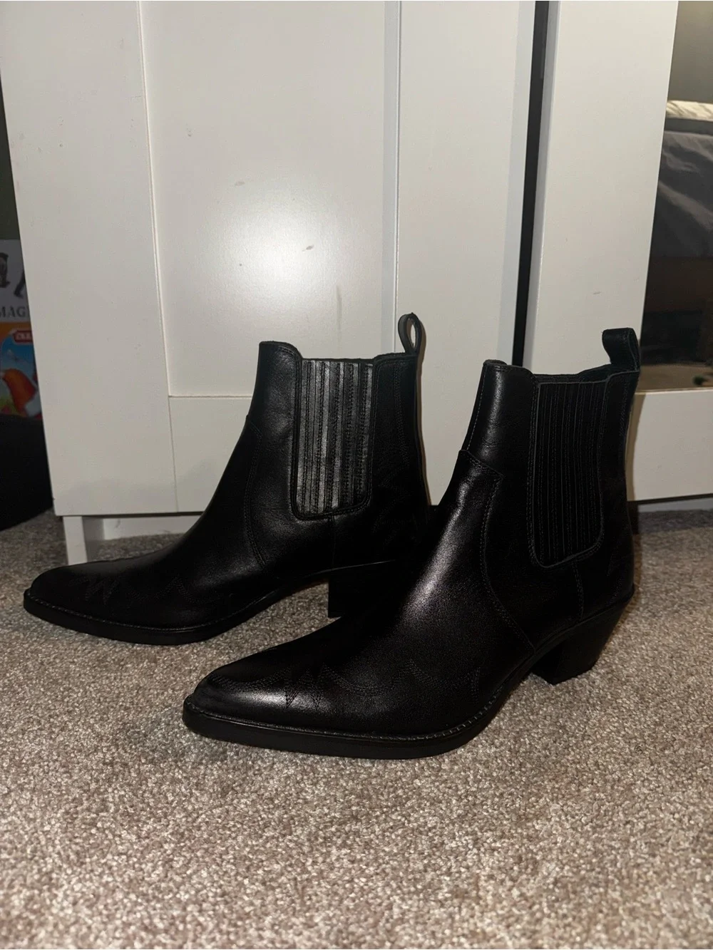 Zara Black Pointed Toe Leather Chelsea Booties